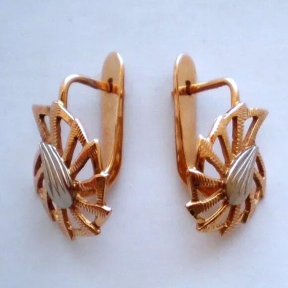 Russian USSR 14K 585 Two Tone Rose Pink White Gold Spider Web Filigree EARRINGS - Picture 2 of 6